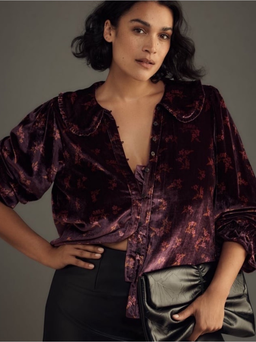 Anthropologie Pilcro The Keira Collared Purple Blouse Long-Sleeve Velvet Edition